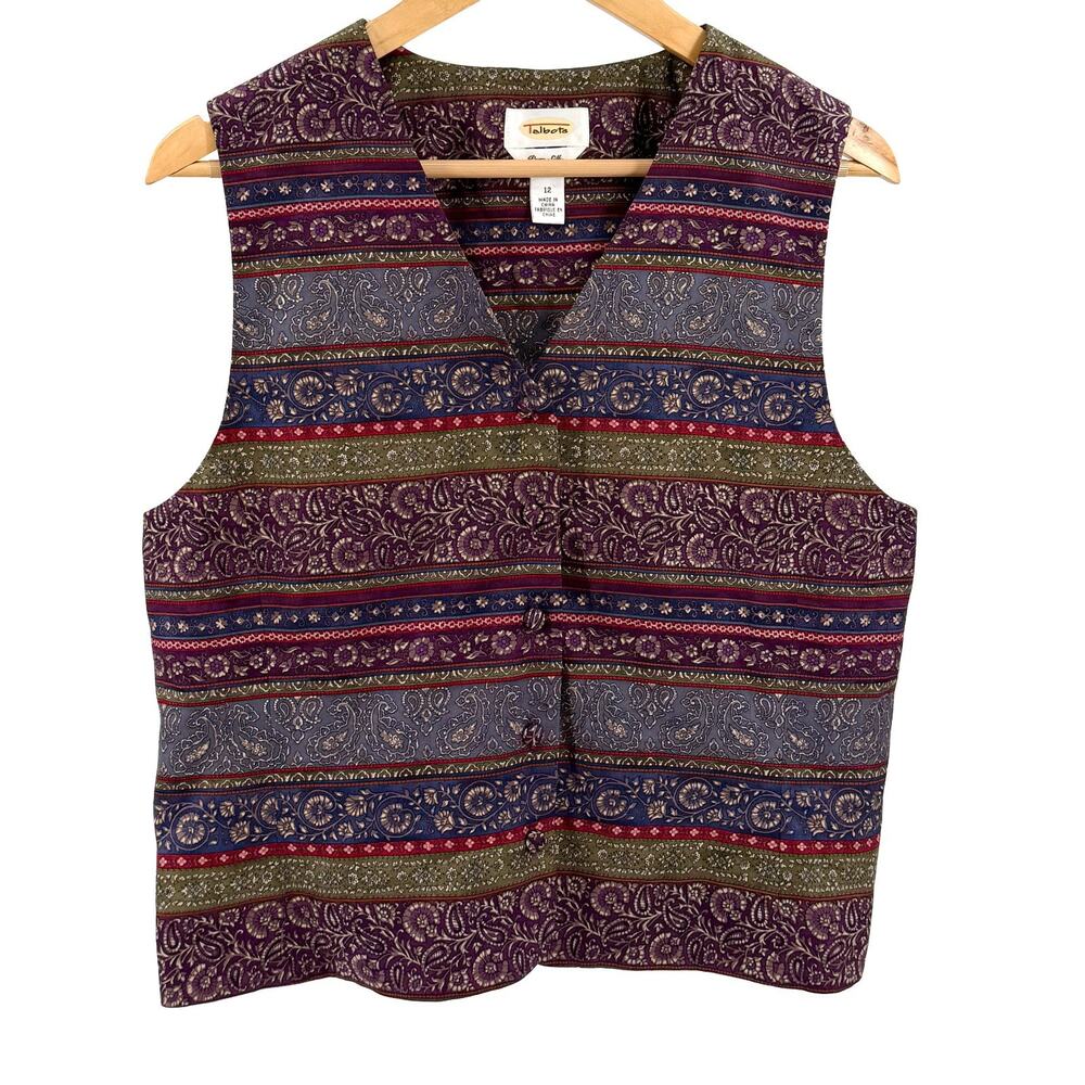 Vintage 90s Talbots Purple Olive 100% Silk Paisley Vest